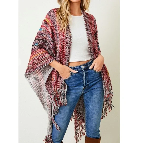 NWT Fringed Colorful Knit Shawl/Poncho - Picture 3 of 3